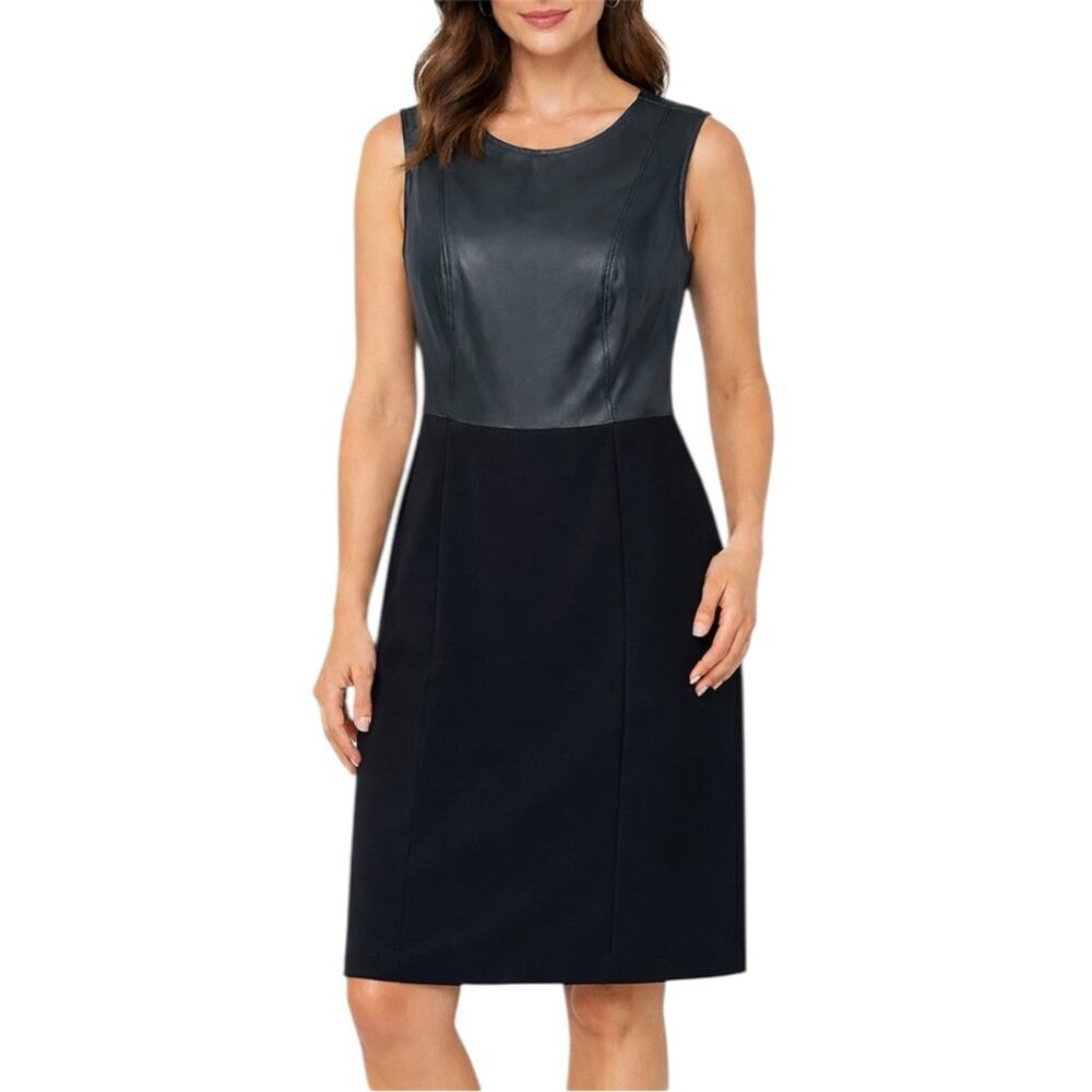 Black Label by Chico's Black Ponte and Faux Leather Sleeveless Dress Size 3 (XL)